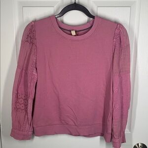 Pilcro pink crewneck sweatshirt with puff embroidered eyelet sleeves size small
